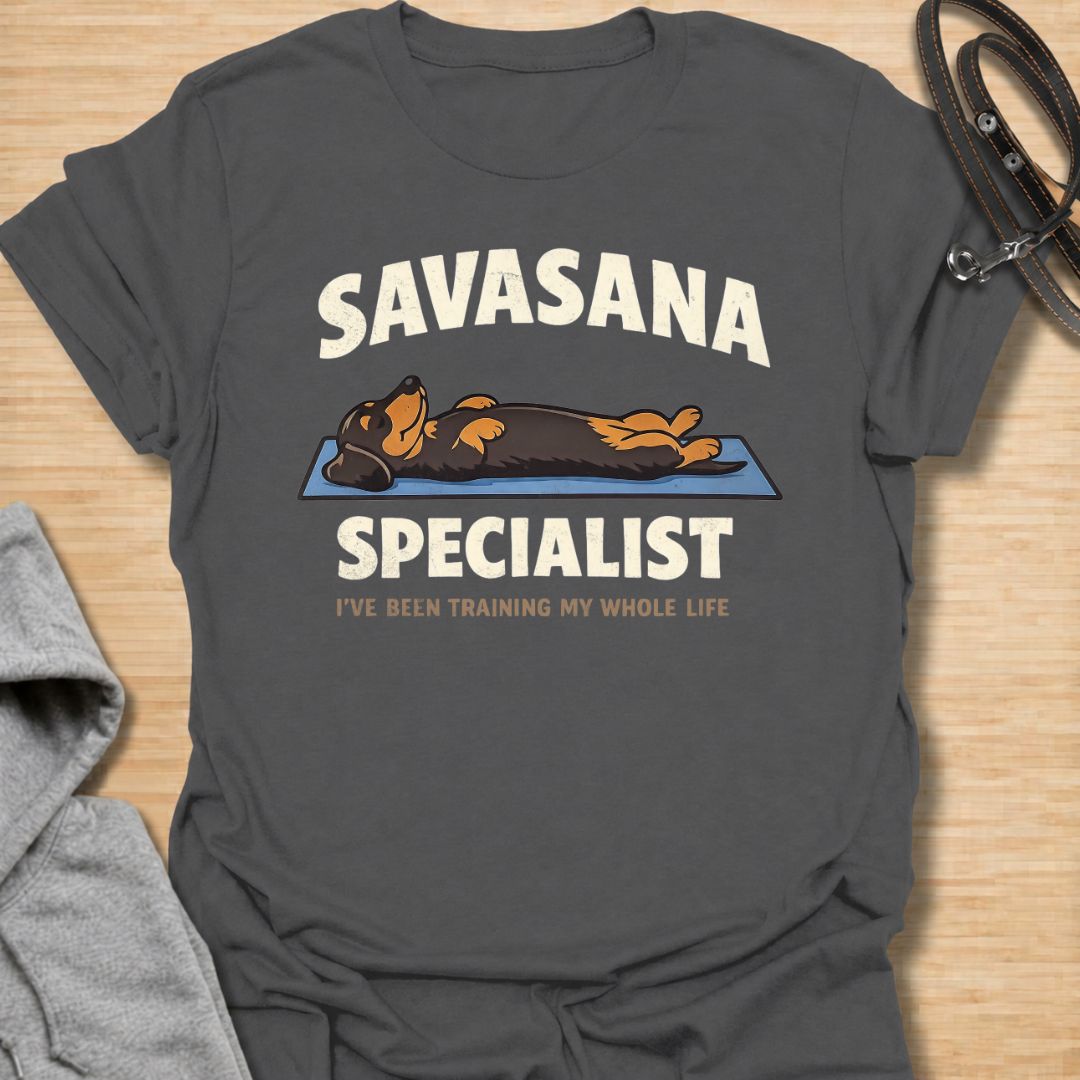 Celebrate expert-level relaxation with this funny “Savasana Specialist” dachshund T-shirt. Featuring a sausage dog stretched out on a yoga mat with the phrase “I’ve Been Training My Whole Life,” it is perfect for dachshund owners, yoga lovers, and devoted nap enthusiasts. A playful gift for doxie moms and dog dads who appreciate rest, humor, and laid-back dachshund personality.