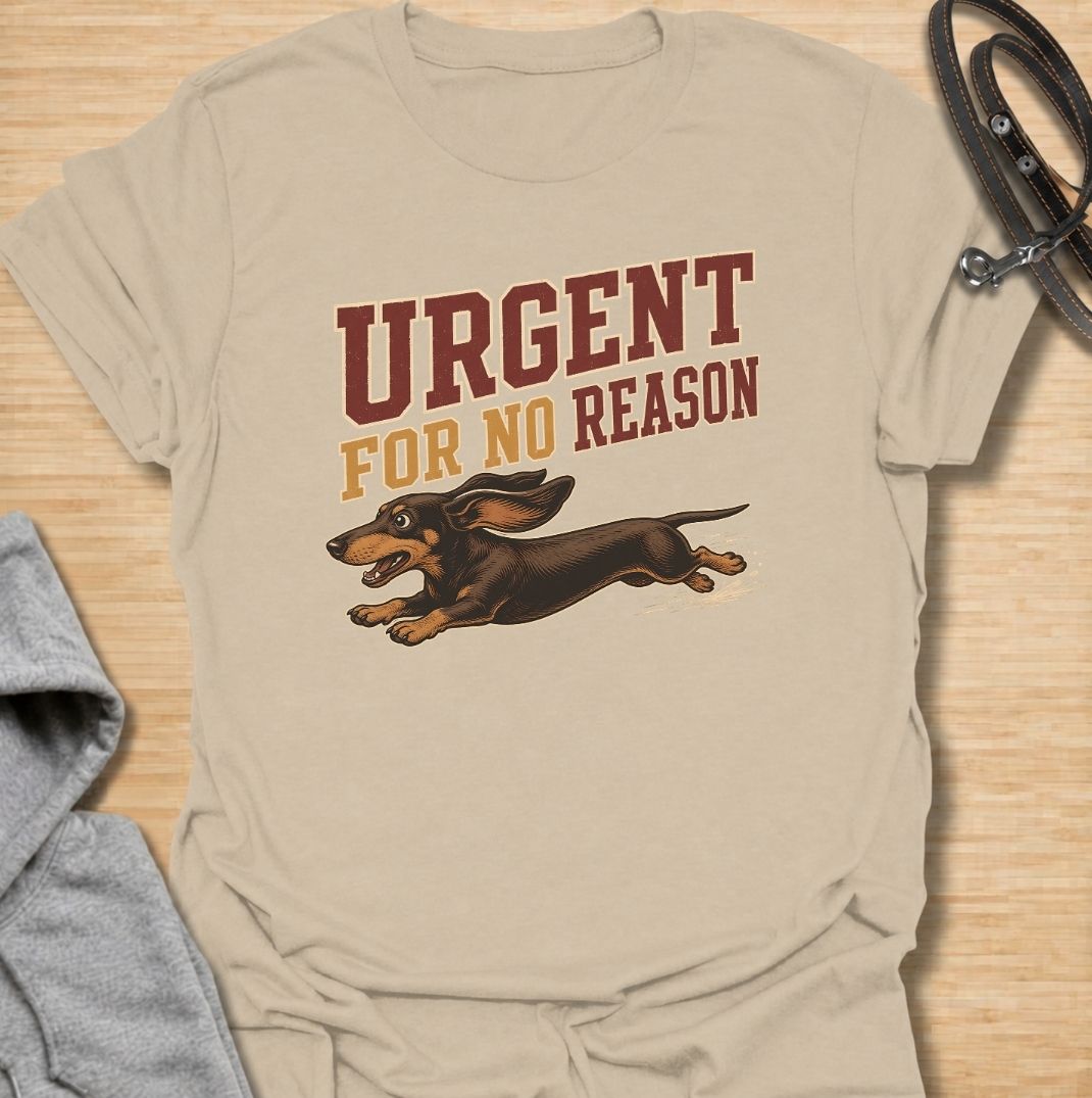 A funny dachshund T-shirt for anyone familiar with the sudden bursts of speed that seem to come from absolutely nowhere. Featuring the phrase “Urgent For No Reason” with a running dachshund illustration, this design captures the breed’s energetic, dramatic personality perfectly. Ideal for dachshund moms, dachshund dads, sausage dog owners, and anyone who has witnessed an unexpected dachshund sprint across the house or yard. A playful everyday tee for fans of dachshund humor, wiener dog chaos, and small dogs