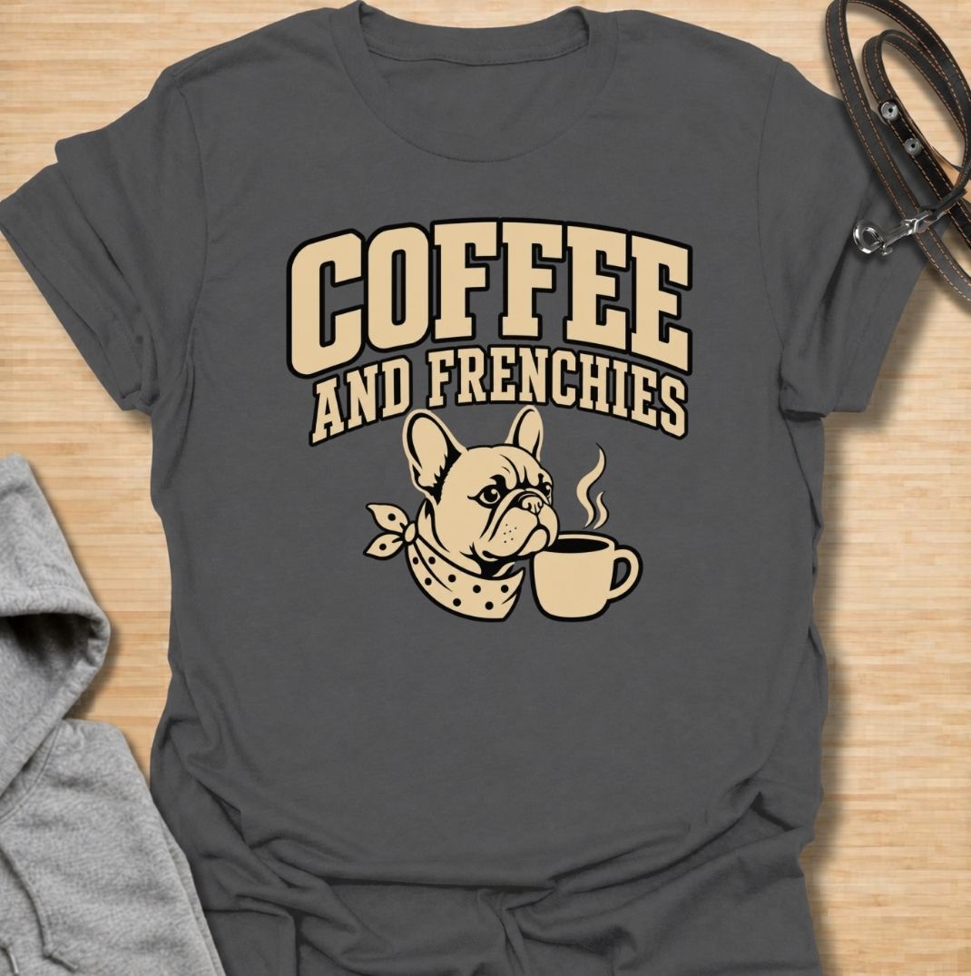 A fun French Bulldog T-shirt for anyone who runs on coffee and Frenchie companionship. Featuring the phrase “Coffee and Frenchies” with a cute French Bulldog and steaming mug, this design combines two everyday favorites in a bold retro-style graphic. Perfect for Frenchie moms, Frenchie dads, coffee lovers, and anyone who thinks mornings are better with a dog nearby. A playful everyday tee for fans of French Bulldog humor, caffeine, and breed-specific gifts.