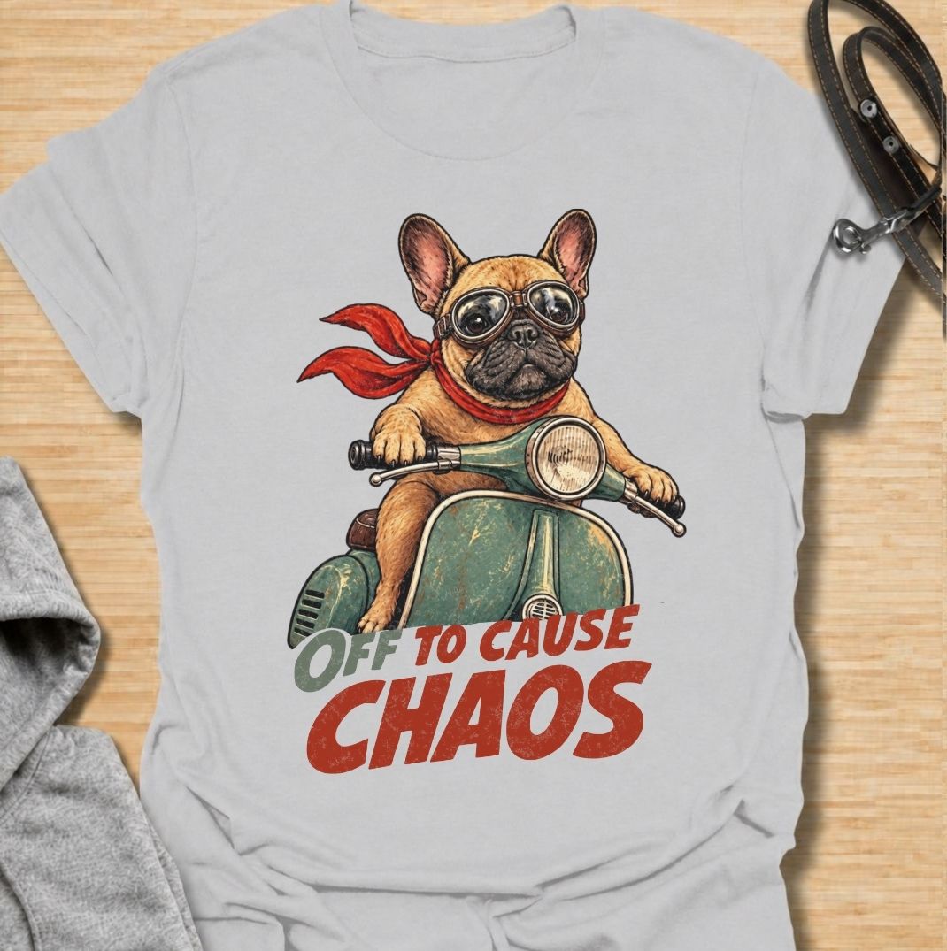 A funny French Bulldog T-shirt for anyone who knows a Frenchie can turn even a quiet day into an adventure. Featuring the phrase “Off to Cause Chaos” with a confident French Bulldog riding a vintage scooter, this design captures the breed’s bold, mischievous personality perfectly. Perfect for Frenchie moms, Frenchie dads, bulldog lovers, and anyone who lives with a small dog with very big energy. A playful everyday tee for fans of French Bulldog humor, retro dog art, and breed-specific gifts.