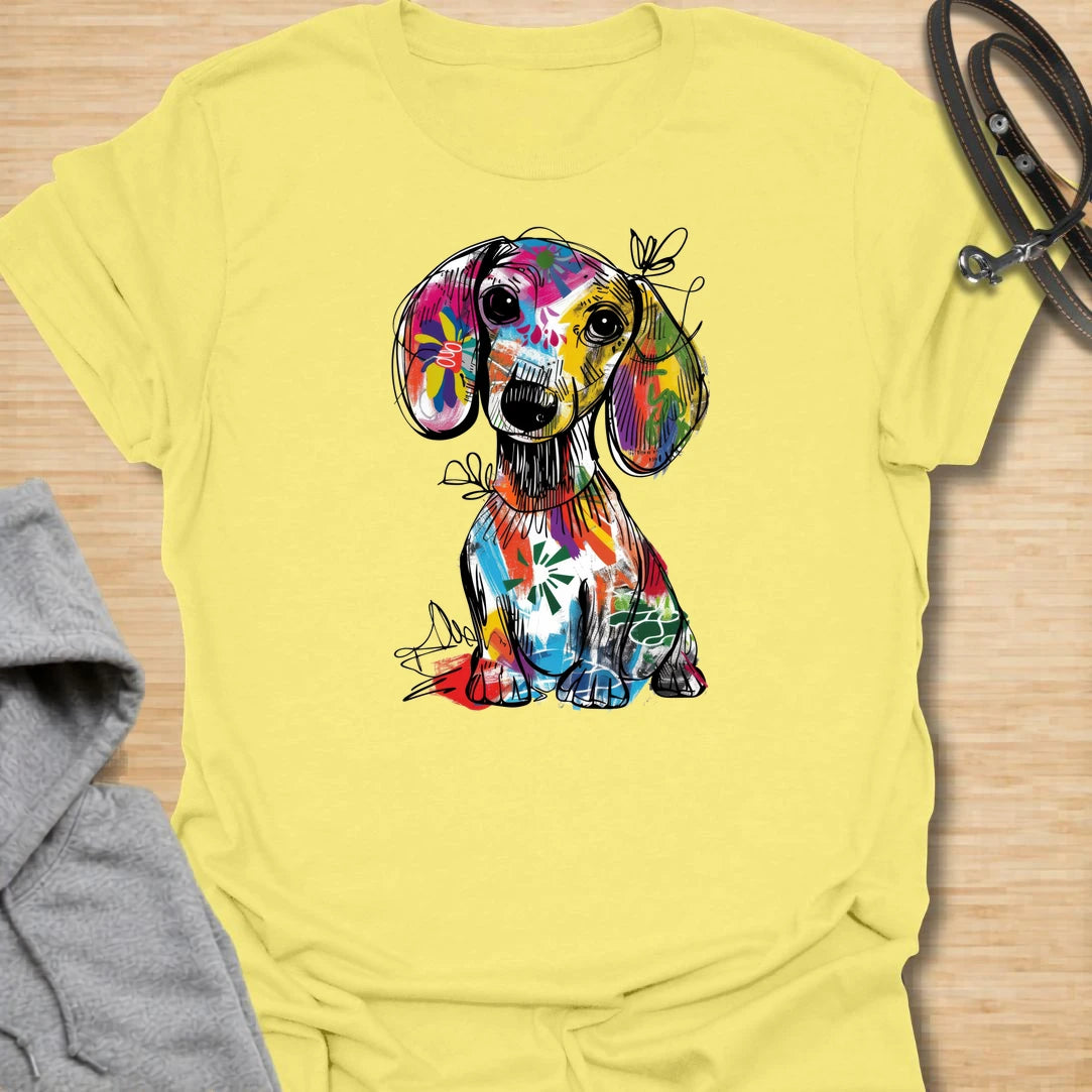 This abstract dachshund t-shirt is full of color, personality, and playful dog lover energy. The bold paint-splash style gives the classic dachshund silhouette a fun, artsy twist that stands out from ordinary dog shirts. It is perfect for dachshund moms, doxie dads, and anyone who loves long dogs with big character. A bright, expressive choice for casual days, dog walks, coffee runs, or gifting to a dachshund lover.