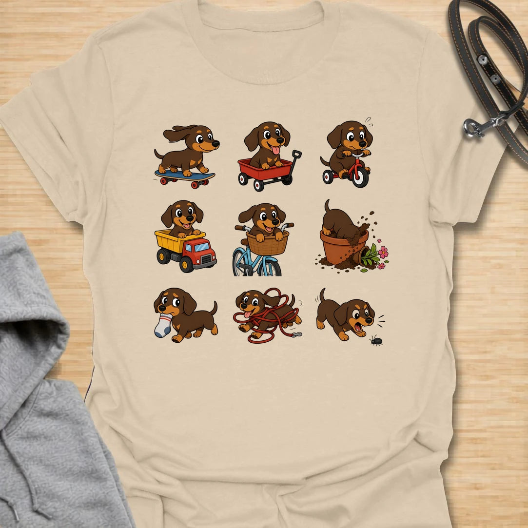 This dachshund adventure t-shirt features a playful collection of doxies getting into all kinds of trouble. From skateboards and wagons to bikes, socks, mud, and barking, it captures the chaotic charm dachshund lovers know too well. The fun cartoon style makes it a cheerful choice for anyone who loves silly dog humor and breed-specific designs. It is perfect for dachshund moms, doxie dads, and people whose little long dog is always busy doing something questionable.