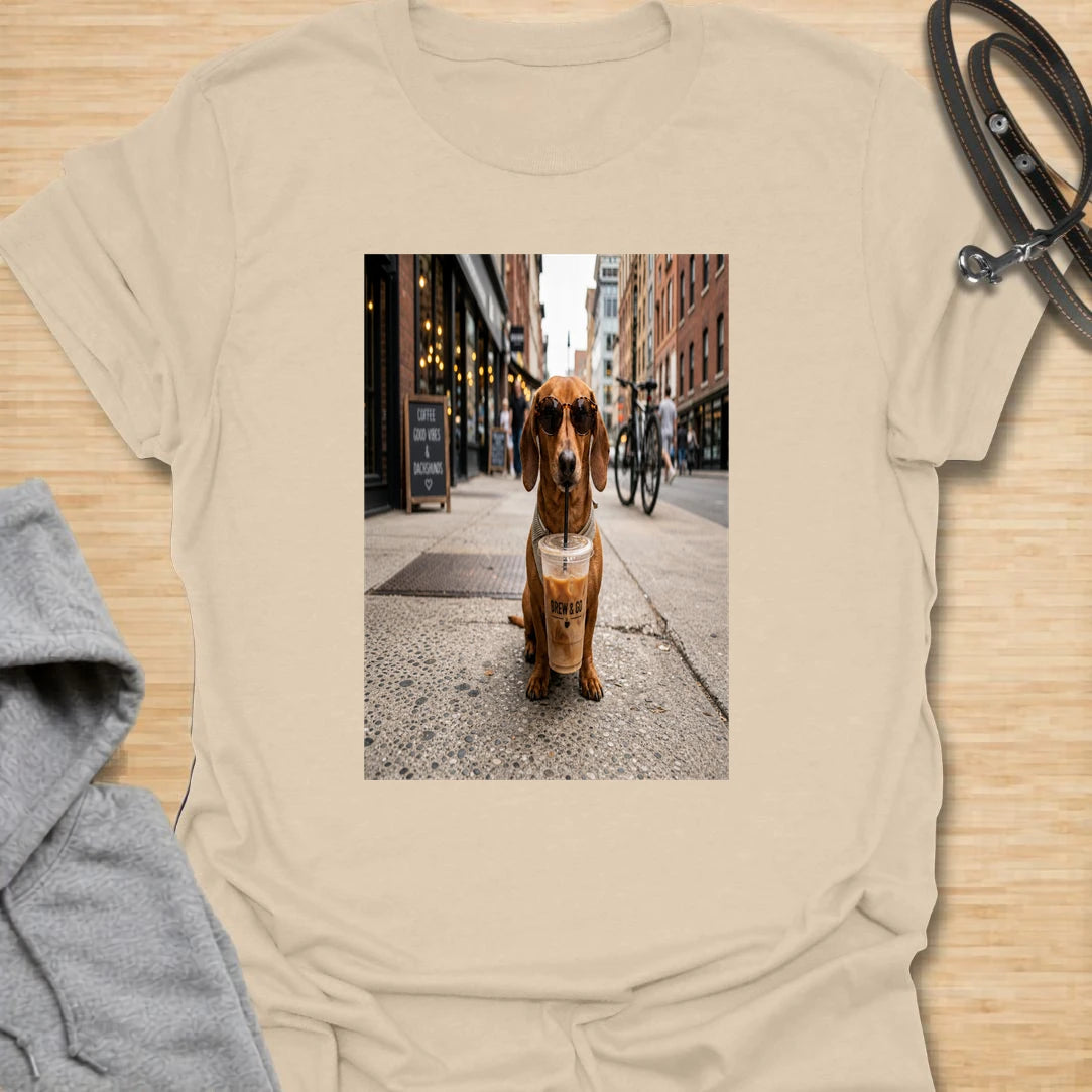 This dachshund with iced coffee t-shirt is perfect for anyone who loves coffee, city walks, and long little dogs. The stylish dachshund with sunglasses and iced coffee gives the design a casual café-inspired look. It has a fun lifestyle feel that works especially well for dachshund moms, dog lovers, and iced coffee fans. Wear it for coffee runs, weekend errands, dog walks, or as a gift for someone whose dachshund is basically their coffee date.