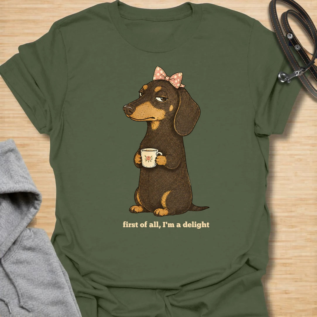This First Of All I’m A Delight t-shirt is made for dachshund lovers who know their little long dog may be dramatic, judgmental, and demanding, but still completely adorable. Featuring a cute dachshund with a bow and mug, this design has a funny sweet-but-sassy dog-parent feel. Perfect for dachshund moms, doxie lovers, wiener dog fans, rescue dog lovers, and anyone whose dachshund is convinced they are a delight.