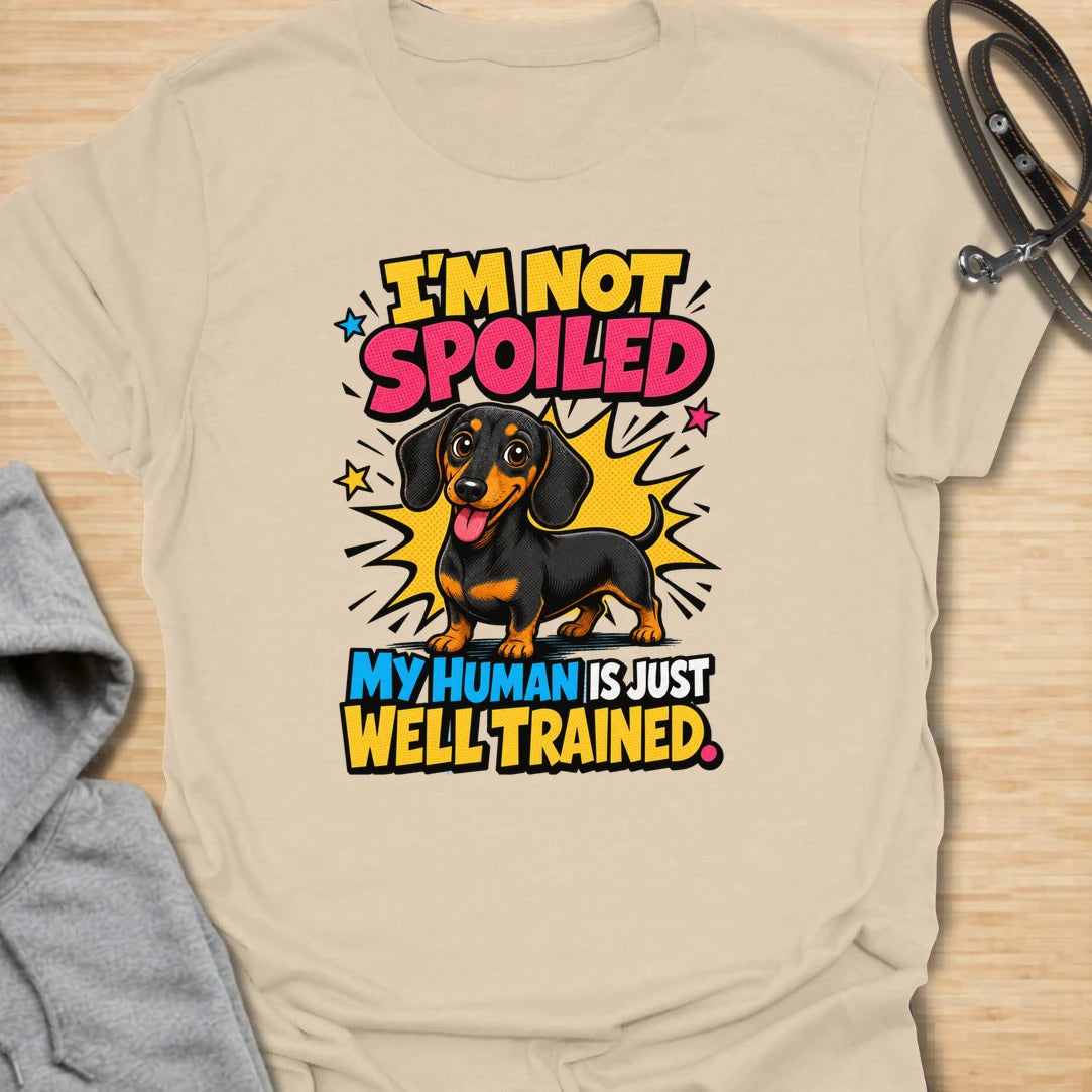 Not Spoiled Doxie t-shirt for dachshund owners who know their pup is not spoiled, the human is simply well trained. This bright comic-style design features a happy dachshund and the phrase “I’m Not Spoiled My Human Is Just Well Trained.” Perfect for doxie moms, sausage dog lovers, and anyone who treats their dog like royalty.