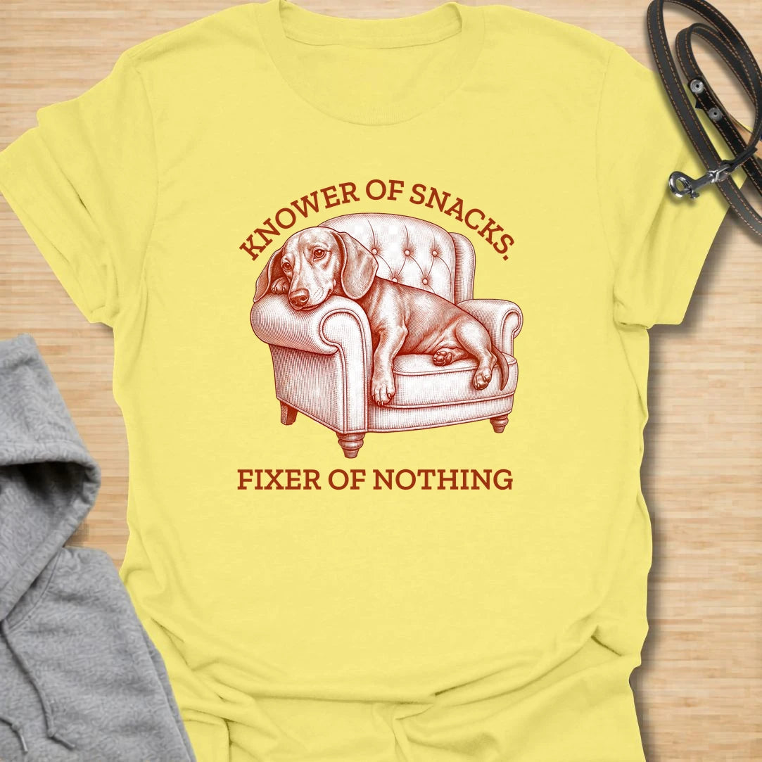 This knower of snacks t-shirt is a funny dachshund design for anyone whose dog is excellent at demanding food and fixing nothing. The vintage-style dachshund lounging in a chair gives the artwork a dramatic, slightly useless expert energy. It is perfect for dachshund moms, doxie dads, and dog lovers who know snack knowledge is a serious skill. A great gift for anyone with a dachshund who supervises everything but contributes very little.