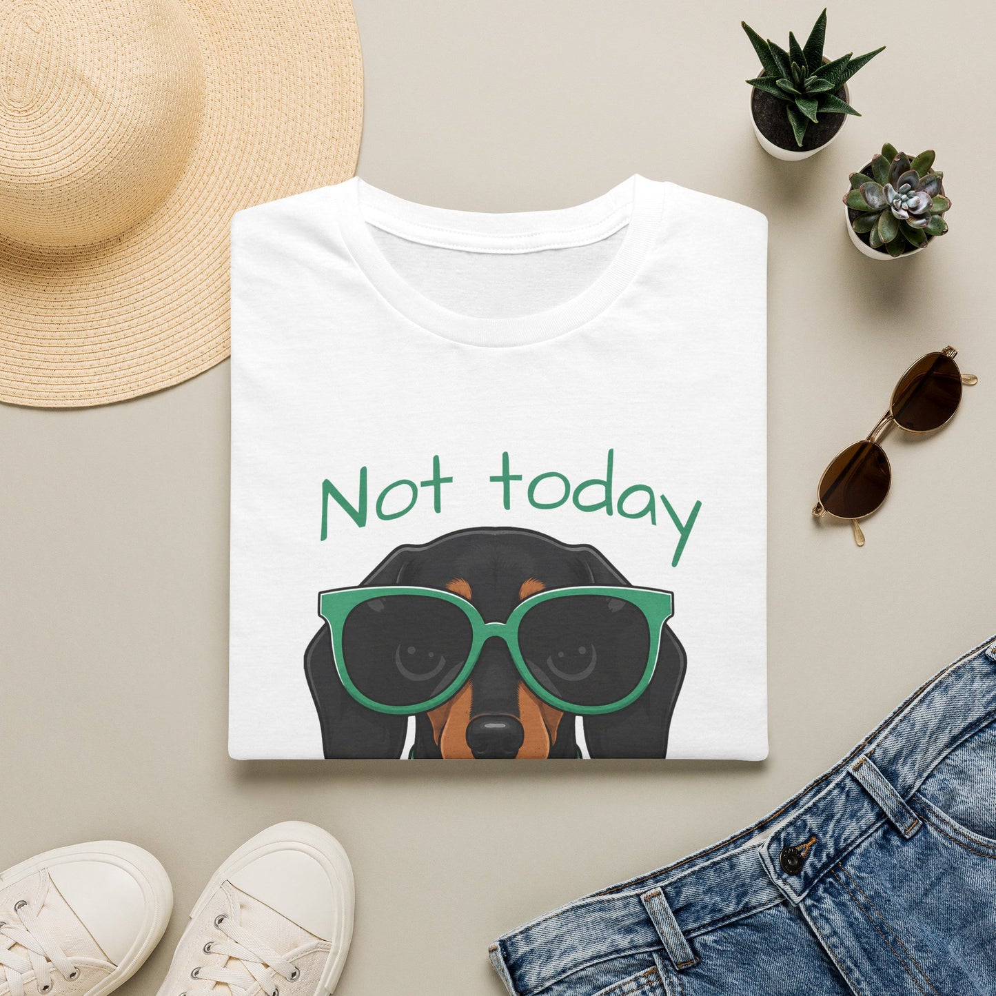 Not Today Hooman t-shirt for dachshund lovers who know their dog has strong boundaries and an even stronger personality. This cute black and tan dachshund design features oversized sunglasses, a bow tie, and the phrase “Not Today Hooman.” Perfect for doxie moms, sausage dog owners, and anyone who loves funny dog attitude shirts.