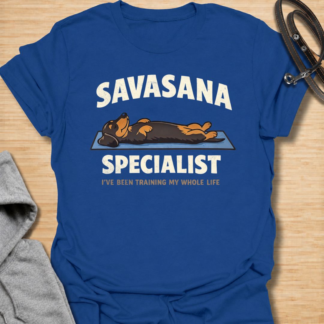 Celebrate expert-level relaxation with this funny “Savasana Specialist” dachshund T-shirt. Featuring a sausage dog stretched out on a yoga mat with the phrase “I’ve Been Training My Whole Life,” it is perfect for dachshund owners, yoga lovers, and devoted nap enthusiasts. A playful gift for doxie moms and dog dads who appreciate rest, humor, and laid-back dachshund personality.