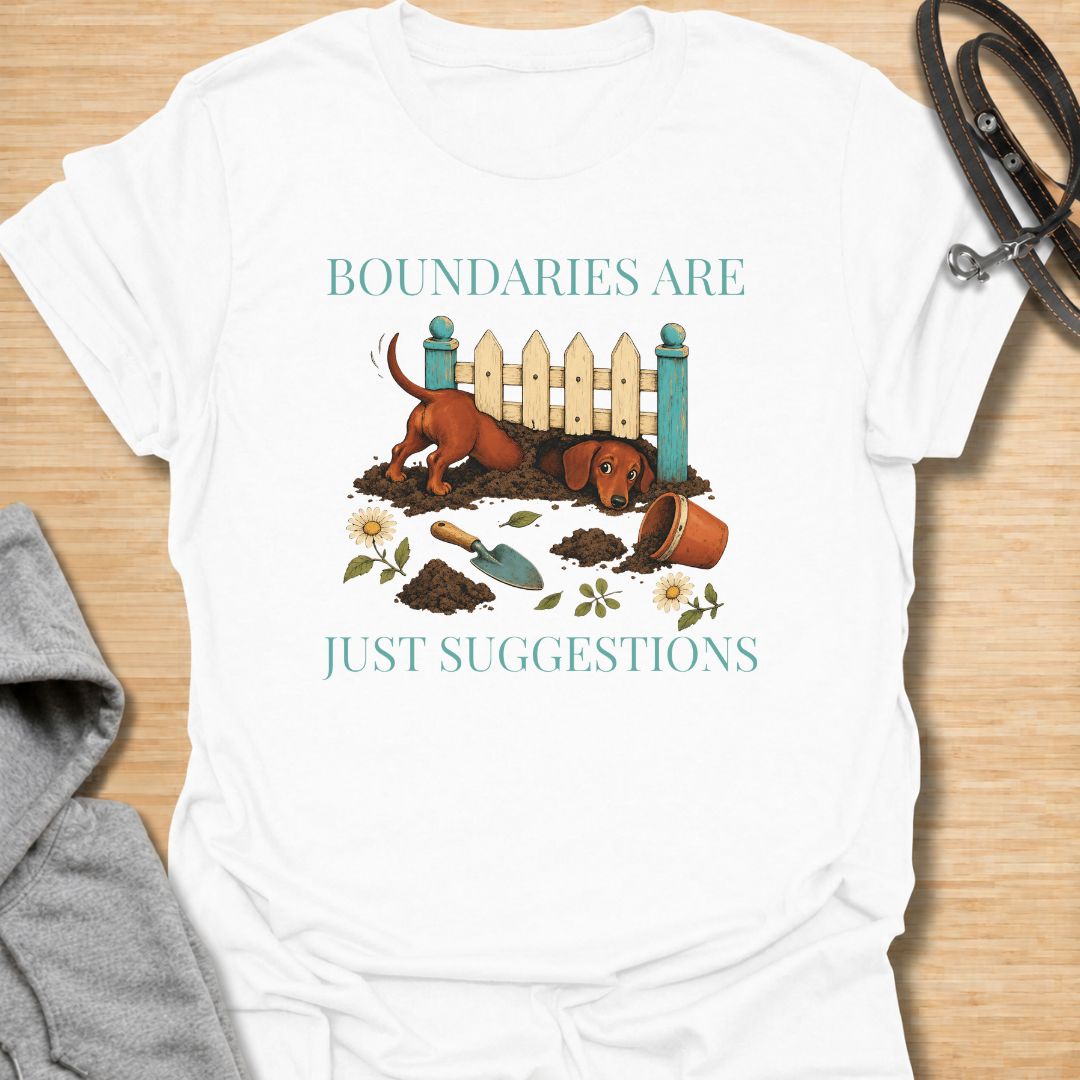 Celebrate the stubborn, determined nature of dachshunds with this funny “Boundaries Are Just Suggestions” T-shirt. Featuring a mischievous sausage dog digging beneath a garden fence, it is perfect for dachshund moms, dog dads, gardeners, and devoted doxie lovers. A playful gift for anyone whose curious little dog treats every fence and household rule as a challenge.