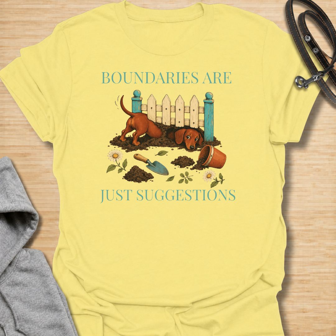 Celebrate the stubborn, determined nature of dachshunds with this funny “Boundaries Are Just Suggestions” T-shirt. Featuring a mischievous sausage dog digging beneath a garden fence, it is perfect for dachshund moms, dog dads, gardeners, and devoted doxie lovers. A playful gift for anyone whose curious little dog treats every fence and household rule as a challenge.