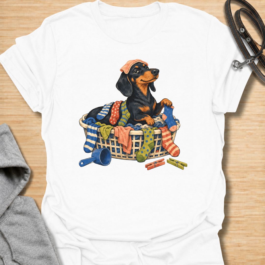 Bring a little dachshund mischief to laundry day with this playful sausage dog T-shirt. Featuring a proud doxie sitting in a basket overflowing with colorful clothes, it is perfect for dachshund moms, dog dads, and anyone whose pet insists on helping with household chores. A fun gift for wiener dog lovers who know that clean laundry is really just another dog bed.