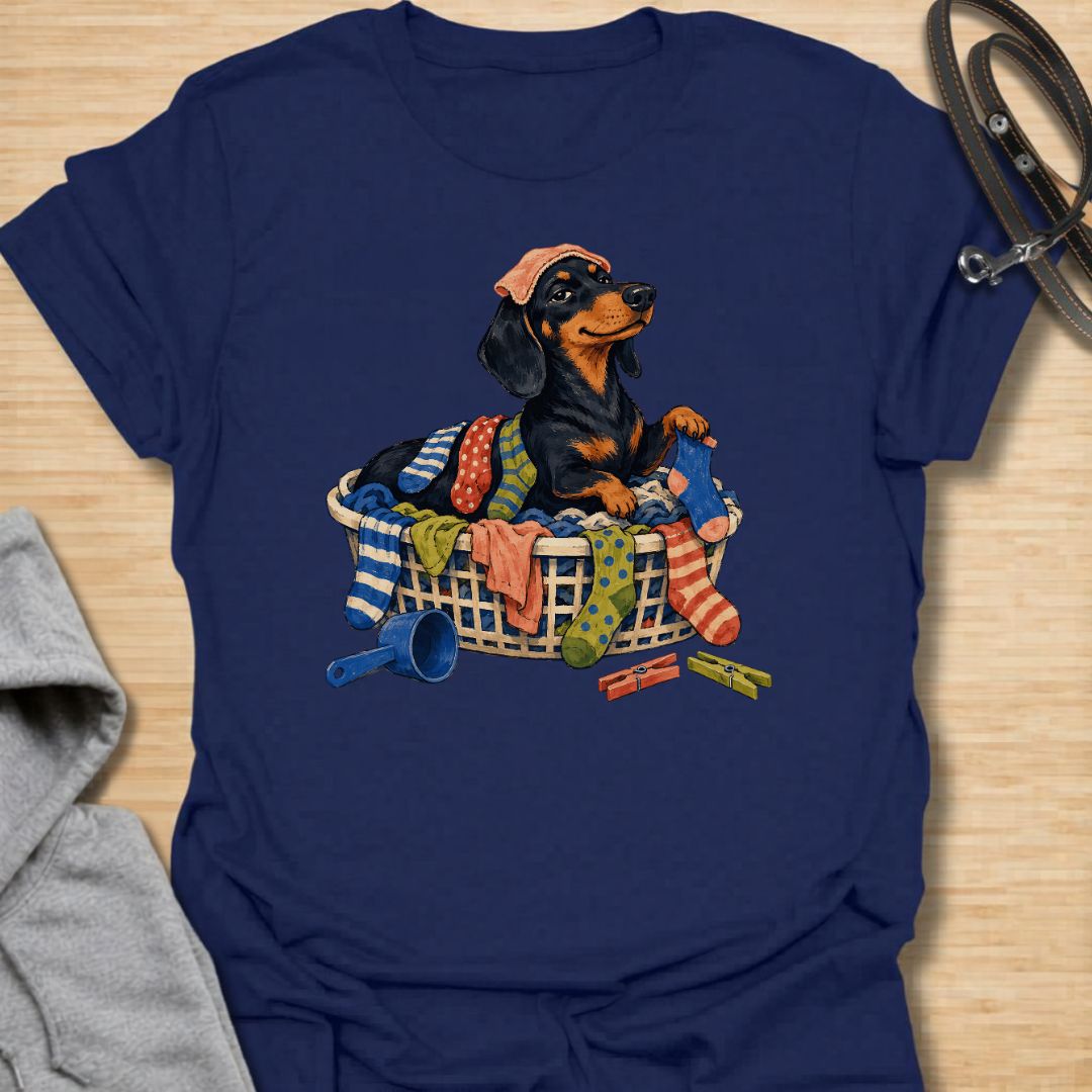 Bring a little dachshund mischief to laundry day with this playful sausage dog T-shirt. Featuring a proud doxie sitting in a basket overflowing with colorful clothes, it is perfect for dachshund moms, dog dads, and anyone whose pet insists on helping with household chores. A fun gift for wiener dog lovers who know that clean laundry is really just another dog bed.