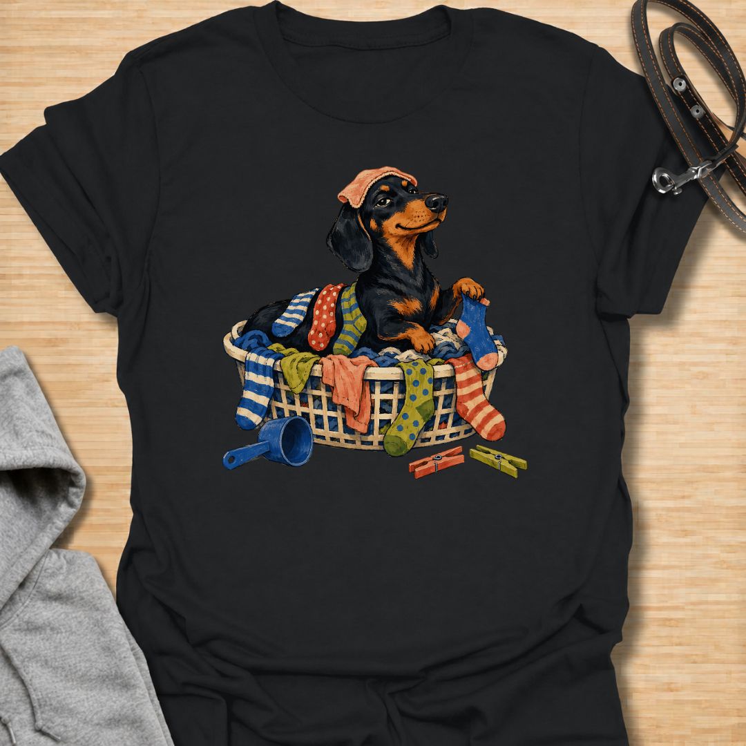 Bring a little dachshund mischief to laundry day with this playful sausage dog T-shirt. Featuring a proud doxie sitting in a basket overflowing with colorful clothes, it is perfect for dachshund moms, dog dads, and anyone whose pet insists on helping with household chores. A fun gift for wiener dog lovers who know that clean laundry is really just another dog bed.