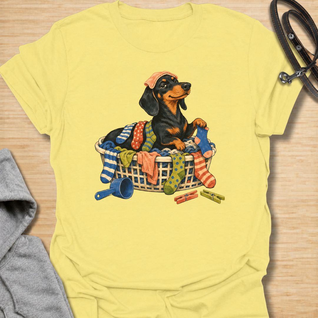 Bring a little dachshund mischief to laundry day with this playful sausage dog T-shirt. Featuring a proud doxie sitting in a basket overflowing with colorful clothes, it is perfect for dachshund moms, dog dads, and anyone whose pet insists on helping with household chores. A fun gift for wiener dog lovers who know that clean laundry is really just another dog bed.