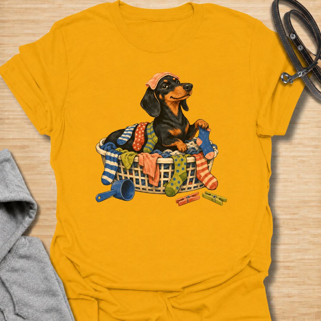 Bring a little dachshund mischief to laundry day with this playful sausage dog T-shirt. Featuring a proud doxie sitting in a basket overflowing with colorful clothes, it is perfect for dachshund moms, dog dads, and anyone whose pet insists on helping with household chores. A fun gift for wiener dog lovers who know that clean laundry is really just another dog bed.