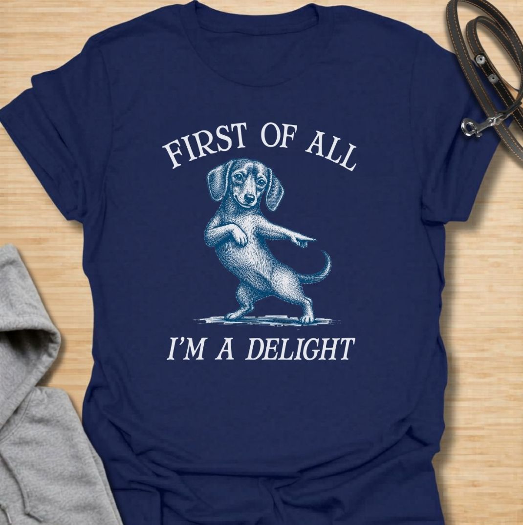 First of all, I’m a delight. A funny dachshund T-shirt for sausage dog owners who know their little troublemaker is charming enough to get away with anything.