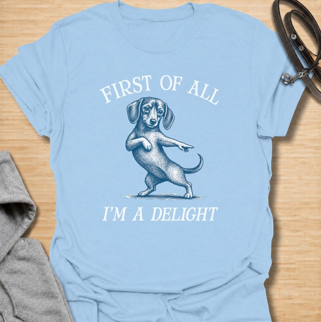 First of all, I’m a delight. A funny dachshund T-shirt for sausage dog owners who know their little troublemaker is charming enough to get away with anything.