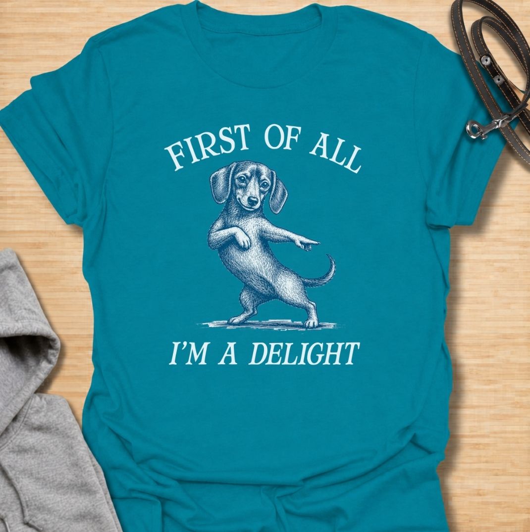 First of all, I’m a delight. A funny dachshund T-shirt for sausage dog owners who know their little troublemaker is charming enough to get away with anything.