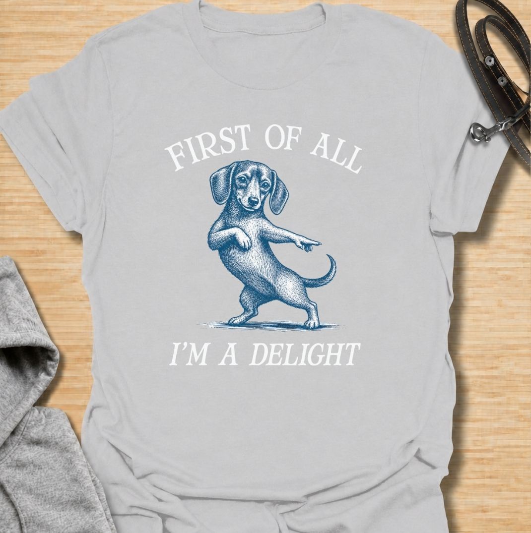 First of all, I’m a delight. A funny dachshund T-shirt for sausage dog owners who know their little troublemaker is charming enough to get away with anything.