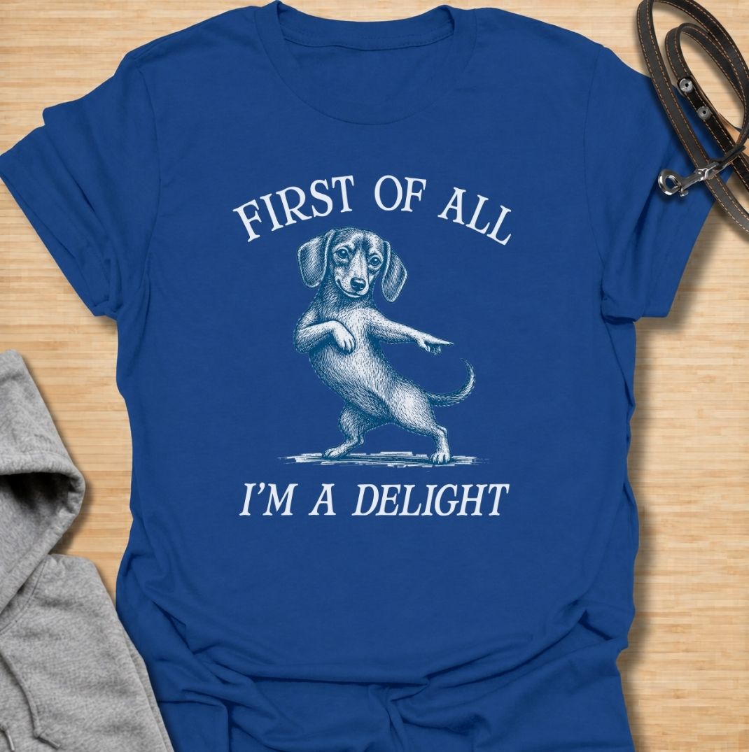 First of all, I’m a delight. A funny dachshund T-shirt for sausage dog owners who know their little troublemaker is charming enough to get away with anything.