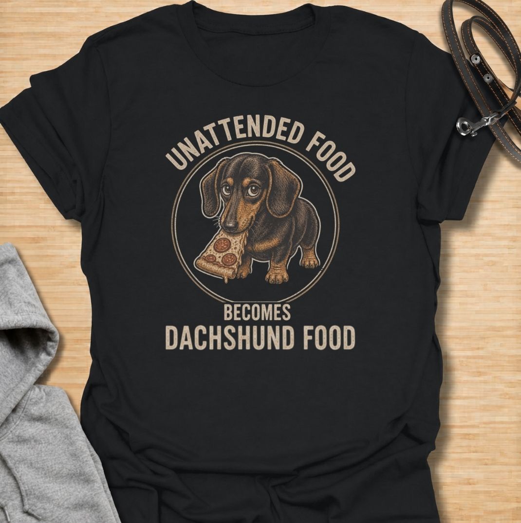Unattended food becomes dachshund food. A funny dachshund T-shirt for sausage dog owners who know no snack is ever truly safe.