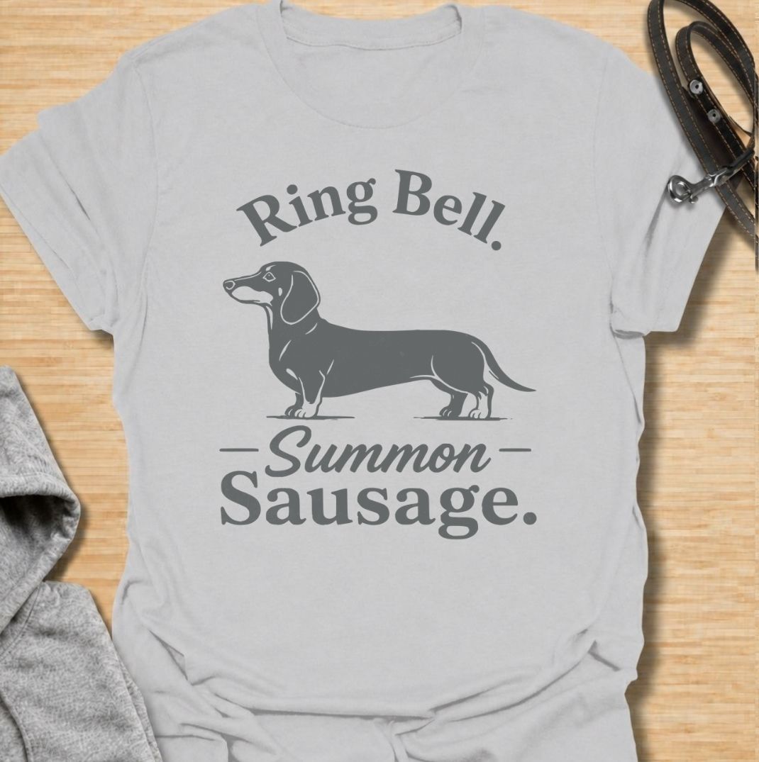 Ring bell, summon sausage. A funny dachshund T-shirt for sausage dog owners who know the doorbell instantly activates their little household alarm.