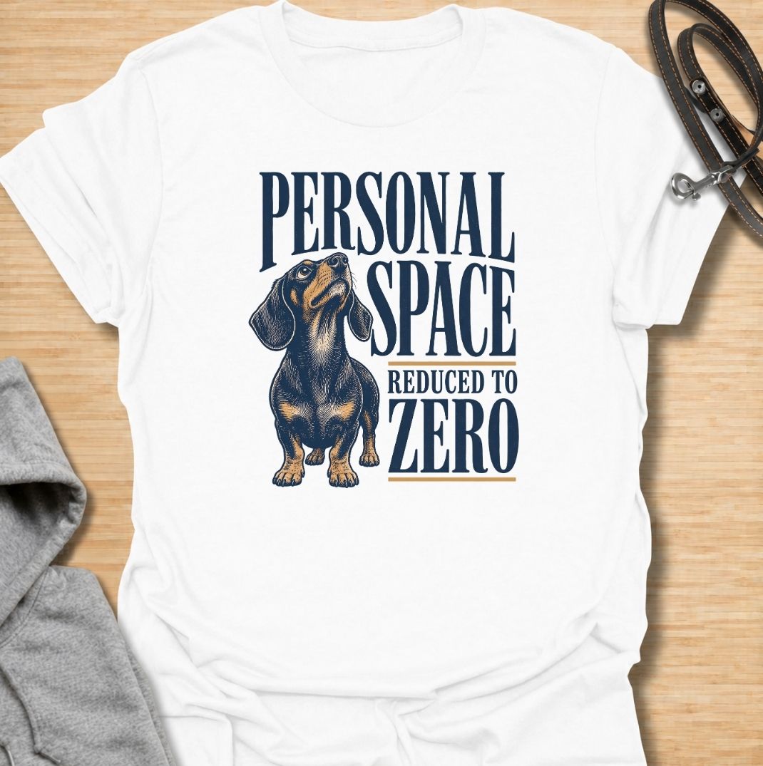 A funny dachshund T-shirt for anyone whose idea of personal space disappeared the moment a dachshund moved in. Featuring the phrase “Personal Space Reduced to Zero” with a bold vintage-style dachshund illustration, this design captures the breed’s famously clingy personality. Perfect for dachshund moms, dachshund dads, sausage dog owners, and anyone who lives with a devoted little shadow. A playful everyday tee for fans of dachshund humor, velcro dogs, and affectionate four-legged companions.
