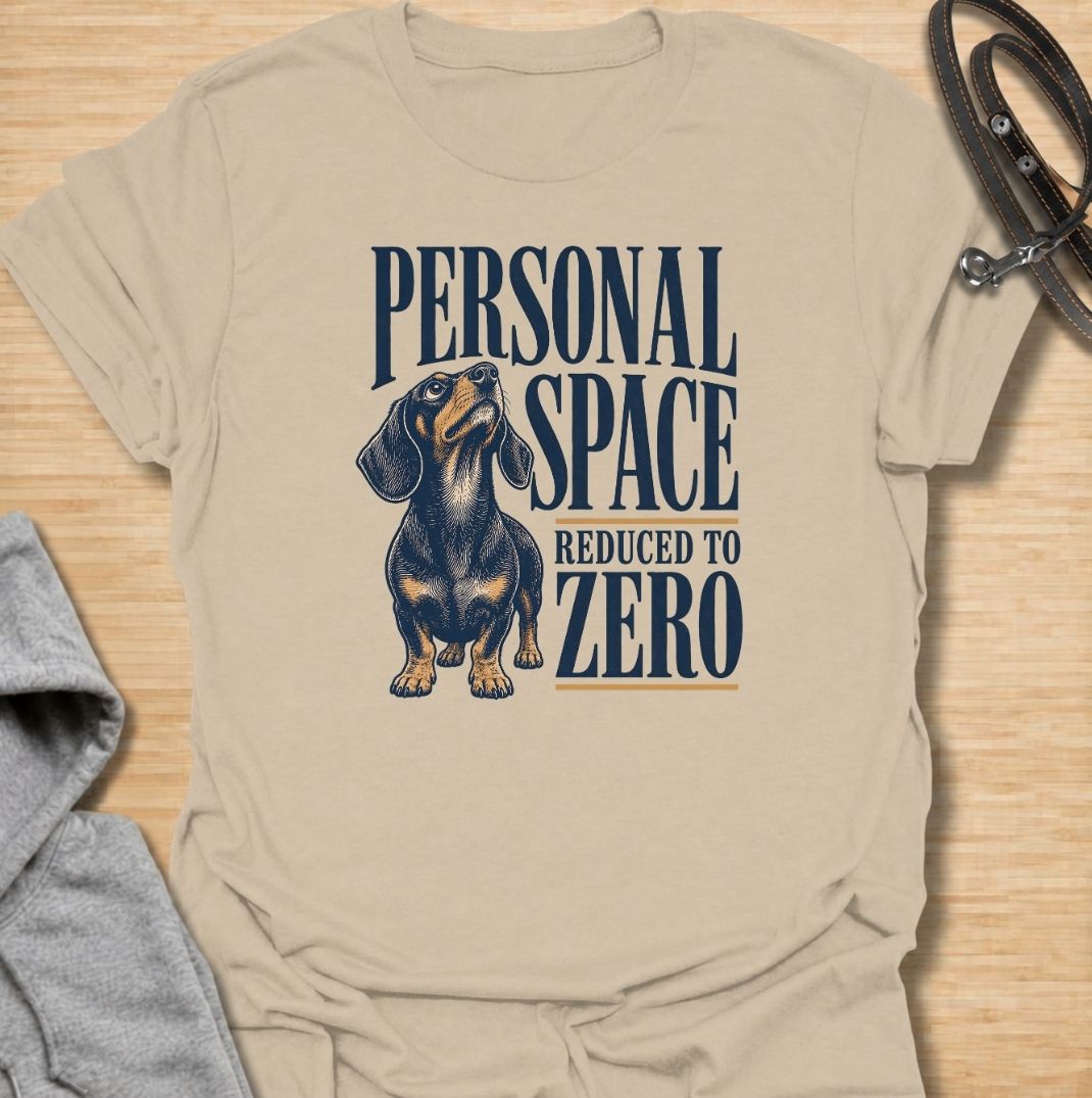 A funny dachshund T-shirt for anyone whose idea of personal space disappeared the moment a dachshund moved in. Featuring the phrase “Personal Space Reduced to Zero” with a bold vintage-style dachshund illustration, this design captures the breed’s famously clingy personality. Perfect for dachshund moms, dachshund dads, sausage dog owners, and anyone who lives with a devoted little shadow. A playful everyday tee for fans of dachshund humor, velcro dogs, and affectionate four-legged companions.