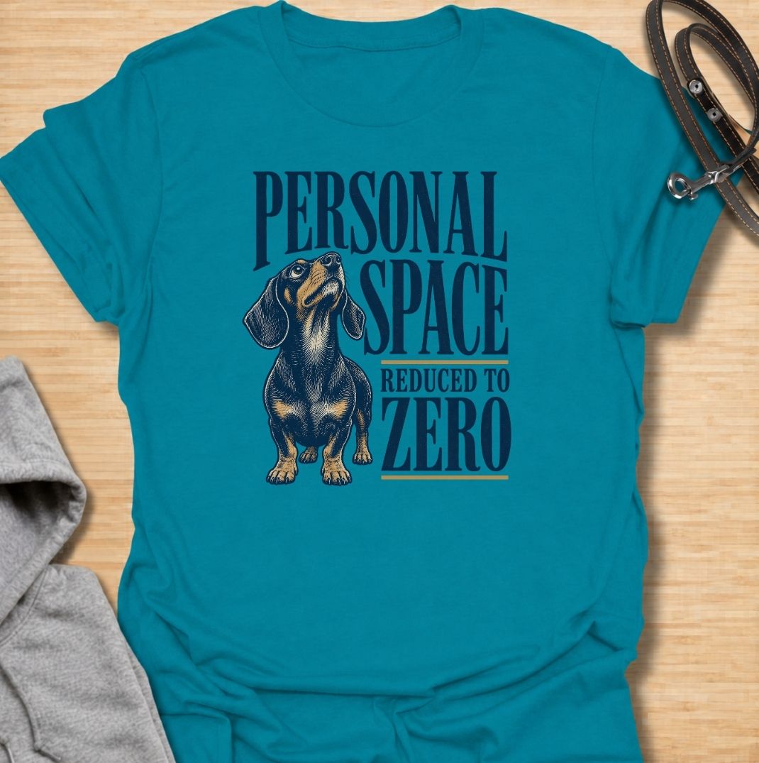 A funny dachshund T-shirt for anyone whose idea of personal space disappeared the moment a dachshund moved in. Featuring the phrase “Personal Space Reduced to Zero” with a bold vintage-style dachshund illustration, this design captures the breed’s famously clingy personality. Perfect for dachshund moms, dachshund dads, sausage dog owners, and anyone who lives with a devoted little shadow. A playful everyday tee for fans of dachshund humor, velcro dogs, and affectionate four-legged companions.