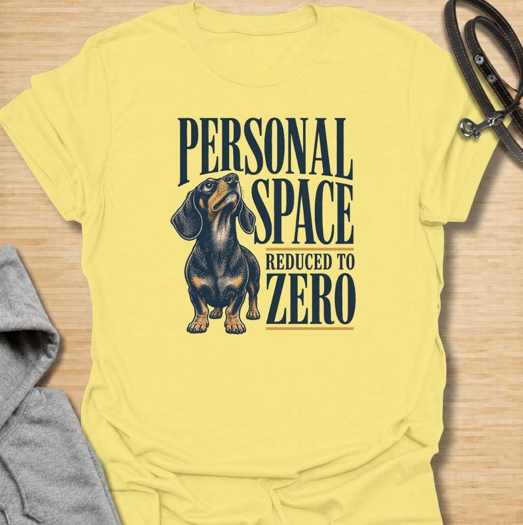 A funny dachshund T-shirt for anyone whose idea of personal space disappeared the moment a dachshund moved in. Featuring the phrase “Personal Space Reduced to Zero” with a bold vintage-style dachshund illustration, this design captures the breed’s famously clingy personality. Perfect for dachshund moms, dachshund dads, sausage dog owners, and anyone who lives with a devoted little shadow. A playful everyday tee for fans of dachshund humor, velcro dogs, and affectionate four-legged companions.