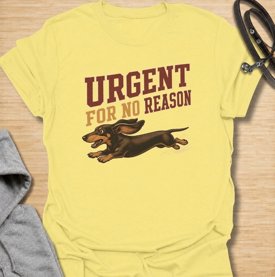 A funny dachshund T-shirt for anyone familiar with the sudden bursts of speed that seem to come from absolutely nowhere. Featuring the phrase “Urgent For No Reason” with a running dachshund illustration, this design captures the breed’s energetic, dramatic personality perfectly. Ideal for dachshund moms, dachshund dads, sausage dog owners, and anyone who has witnessed an unexpected dachshund sprint across the house or yard. A playful everyday tee for fans of dachshund humor, wiener dog chaos, and small dogs