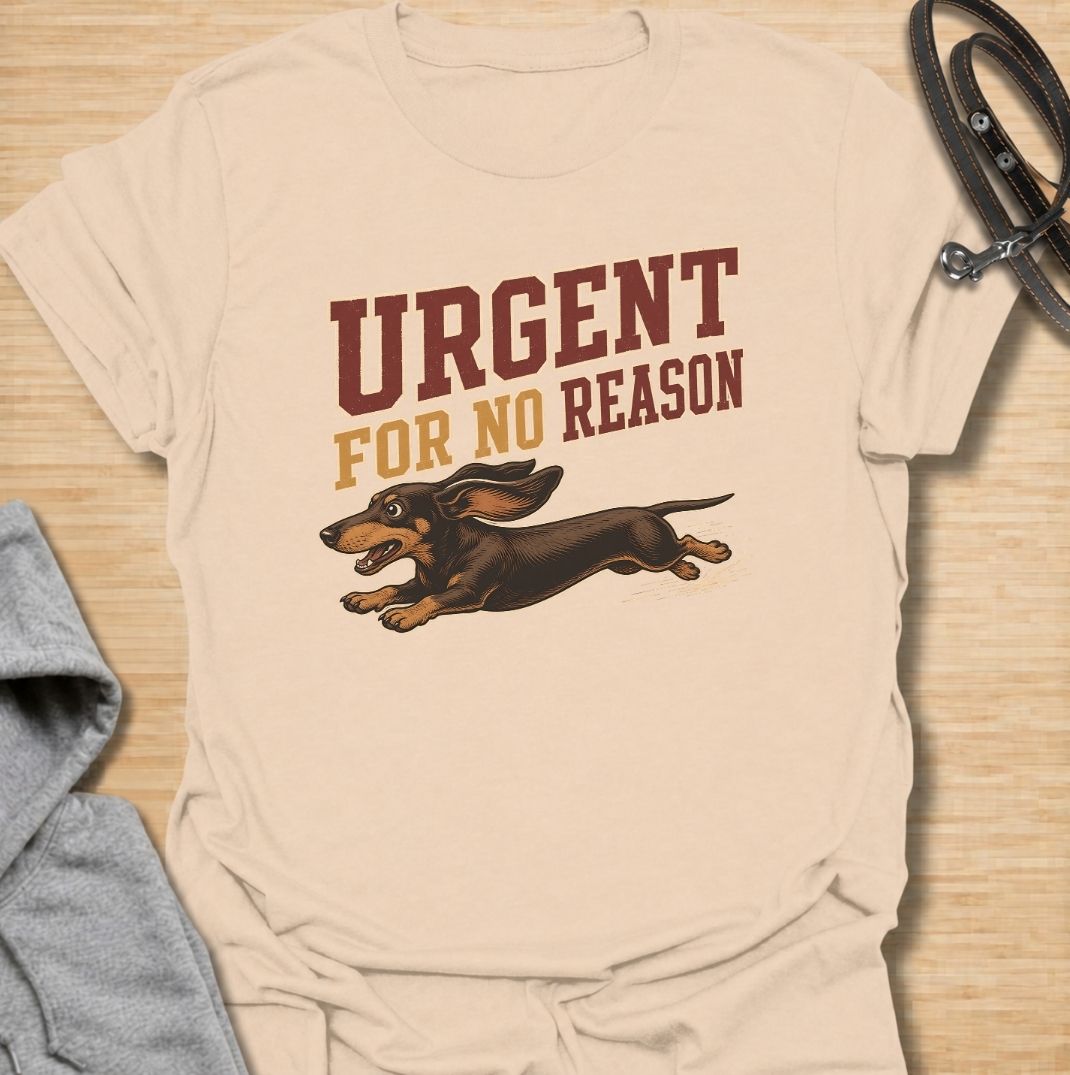 A funny dachshund T-shirt for anyone familiar with the sudden bursts of speed that seem to come from absolutely nowhere. Featuring the phrase “Urgent For No Reason” with a running dachshund illustration, this design captures the breed’s energetic, dramatic personality perfectly. Ideal for dachshund moms, dachshund dads, sausage dog owners, and anyone who has witnessed an unexpected dachshund sprint across the house or yard. A playful everyday tee for fans of dachshund humor, wiener dog chaos, and small dogs