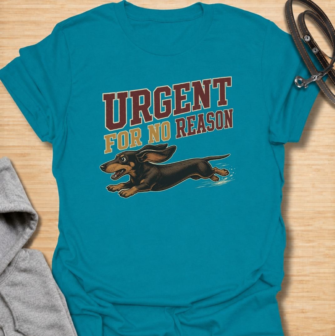 A funny dachshund T-shirt for anyone familiar with the sudden bursts of speed that seem to come from absolutely nowhere. Featuring the phrase “Urgent For No Reason” with a running dachshund illustration, this design captures the breed’s energetic, dramatic personality perfectly. Ideal for dachshund moms, dachshund dads, sausage dog owners, and anyone who has witnessed an unexpected dachshund sprint across the house or yard. A playful everyday tee for fans of dachshund humor, wiener dog chaos, and small dogs