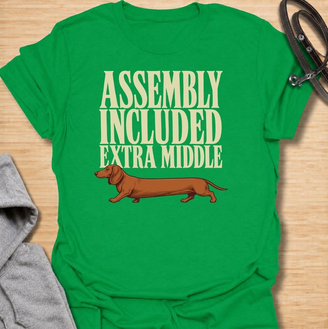 A funny dachshund T-shirt for anyone who knows these little dogs seem to have been built with a little too much middle. Featuring the phrase “Assembly Included Extra Middle” with a long dachshund illustration, this design turns the breed’s unmistakable shape into a dry, clever joke. Perfect for dachshund moms, dachshund dads, sausage dog owners, and anyone who loves breed-specific humor. A playful everyday tee for fans of dachshunds, wiener dogs, and funny dog gifts with a vintage feel.