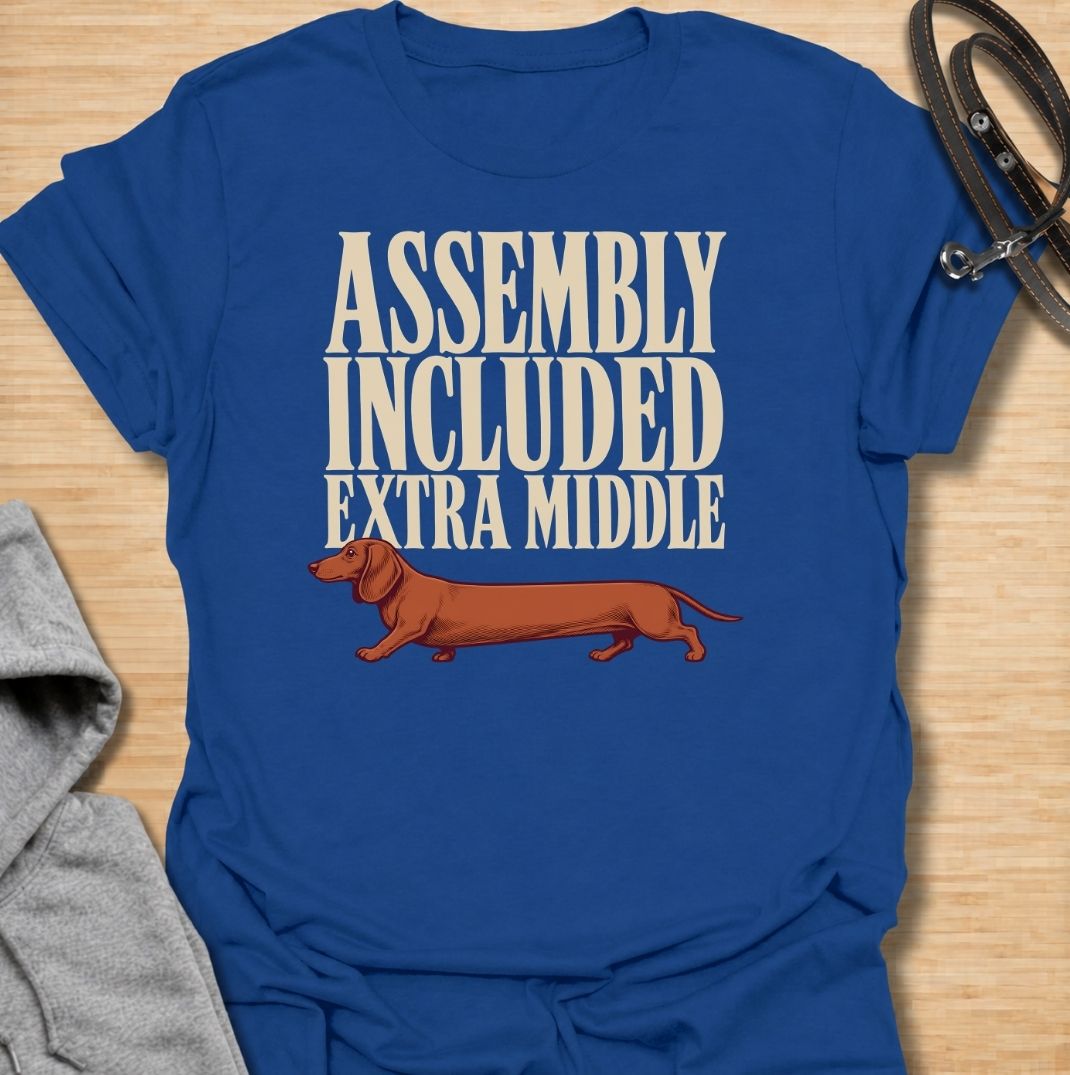 A funny dachshund T-shirt for anyone who knows these little dogs seem to have been built with a little too much middle. Featuring the phrase “Assembly Included Extra Middle” with a long dachshund illustration, this design turns the breed’s unmistakable shape into a dry, clever joke. Perfect for dachshund moms, dachshund dads, sausage dog owners, and anyone who loves breed-specific humor. A playful everyday tee for fans of dachshunds, wiener dogs, and funny dog gifts with a vintage feel.