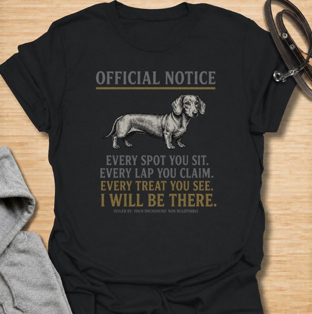A funny dachshund T-shirt for anyone who knows personal space stops existing once a dachshund moves in. Featuring the phrase “Every Spot You Sit. Every Lap You Claim. Every Treat You See. I Will Be There,” this design captures the breed’s clingy, food-focused personality with dry humor. Perfect for dachshund moms, dachshund dads, sausage dog owners, and anyone living with a devoted little shadow. A playful everyday tee for fans of dachshund humor, velcro dogs, and breed-specific dog gifts.