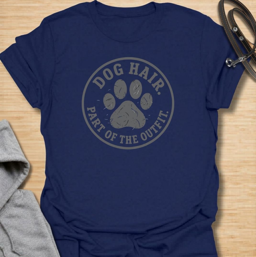 A funny dog T-shirt for anyone who has accepted that pet hair is simply part of everyday life. Featuring the phrase “Dog Hair. Part of the Outfit.” with a paw print graphic, this design is a relatable choice for dog owners who are permanently covered in a little extra fur. Perfect for dog moms, dog dads, rescue dog owners, and anyone who wears their dog’s hair with pride. A simple everyday tee for fans of dog humor, pet lover gifts, and general dog designs.