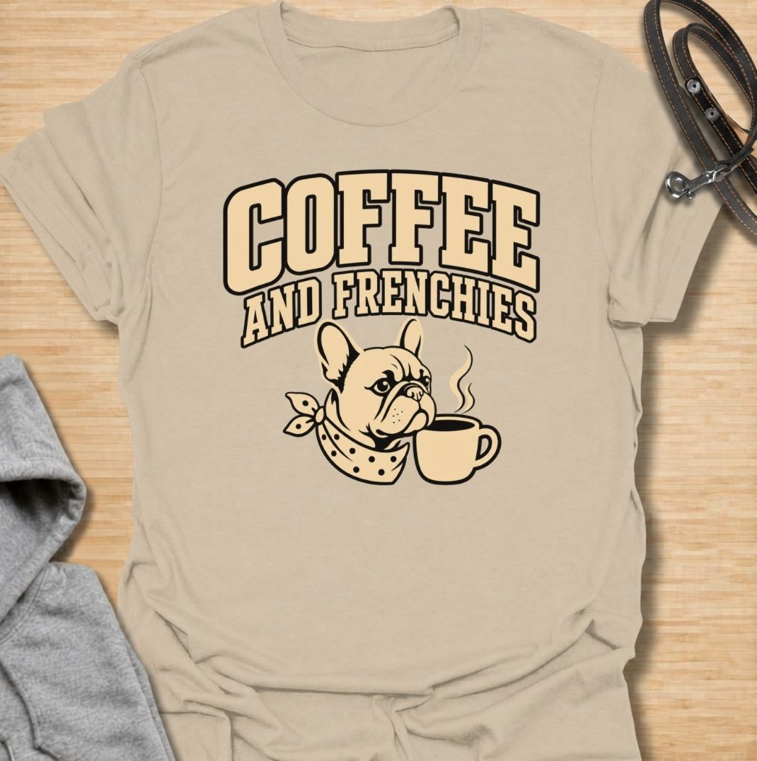 A fun French Bulldog T-shirt for anyone who runs on coffee and Frenchie companionship. Featuring the phrase “Coffee and Frenchies” with a cute French Bulldog and steaming mug, this design combines two everyday favorites in a bold retro-style graphic. Perfect for Frenchie moms, Frenchie dads, coffee lovers, and anyone who thinks mornings are better with a dog nearby. A playful everyday tee for fans of French Bulldog humor, caffeine, and breed-specific gifts.