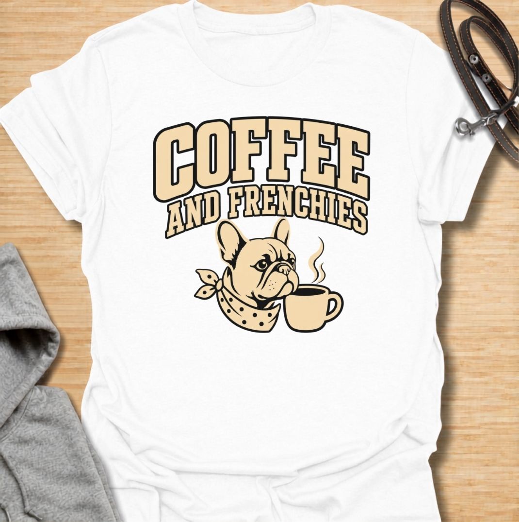 A fun French Bulldog T-shirt for anyone who runs on coffee and Frenchie companionship. Featuring the phrase “Coffee and Frenchies” with a cute French Bulldog and steaming mug, this design combines two everyday favorites in a bold retro-style graphic. Perfect for Frenchie moms, Frenchie dads, coffee lovers, and anyone who thinks mornings are better with a dog nearby. A playful everyday tee for fans of French Bulldog humor, caffeine, and breed-specific gifts.