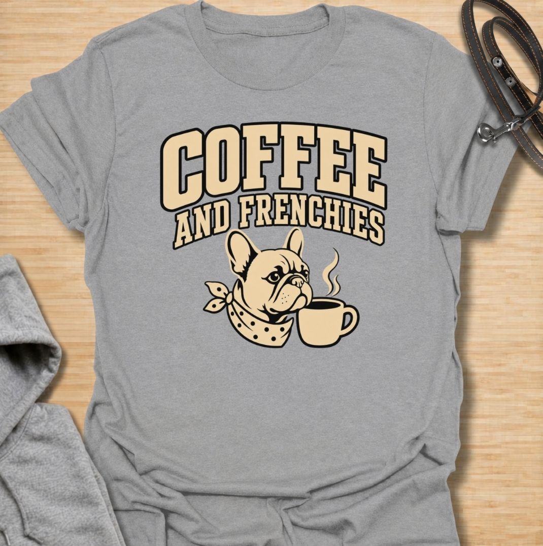 A fun French Bulldog T-shirt for anyone who runs on coffee and Frenchie companionship. Featuring the phrase “Coffee and Frenchies” with a cute French Bulldog and steaming mug, this design combines two everyday favorites in a bold retro-style graphic. Perfect for Frenchie moms, Frenchie dads, coffee lovers, and anyone who thinks mornings are better with a dog nearby. A playful everyday tee for fans of French Bulldog humor, caffeine, and breed-specific gifts.