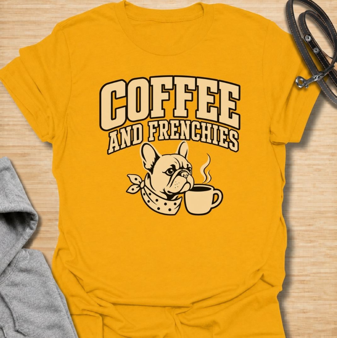 A fun French Bulldog T-shirt for anyone who runs on coffee and Frenchie companionship. Featuring the phrase “Coffee and Frenchies” with a cute French Bulldog and steaming mug, this design combines two everyday favorites in a bold retro-style graphic. Perfect for Frenchie moms, Frenchie dads, coffee lovers, and anyone who thinks mornings are better with a dog nearby. A playful everyday tee for fans of French Bulldog humor, caffeine, and breed-specific gifts.