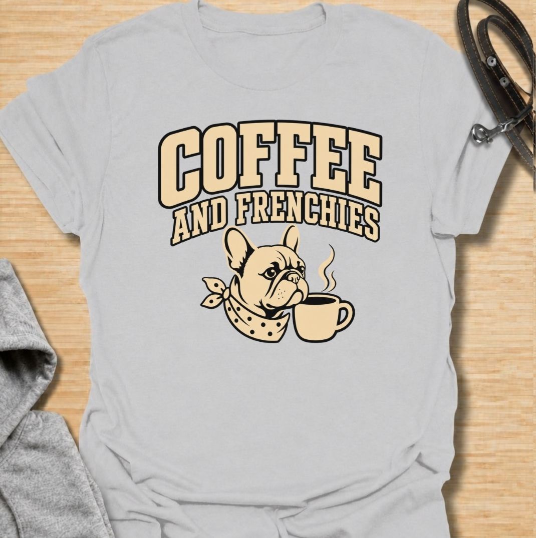 A fun French Bulldog T-shirt for anyone who runs on coffee and Frenchie companionship. Featuring the phrase “Coffee and Frenchies” with a cute French Bulldog and steaming mug, this design combines two everyday favorites in a bold retro-style graphic. Perfect for Frenchie moms, Frenchie dads, coffee lovers, and anyone who thinks mornings are better with a dog nearby. A playful everyday tee for fans of French Bulldog humor, caffeine, and breed-specific gifts.