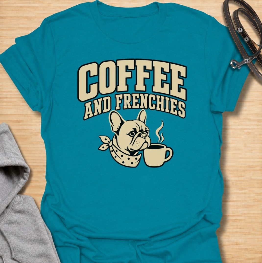 A fun French Bulldog T-shirt for anyone who runs on coffee and Frenchie companionship. Featuring the phrase “Coffee and Frenchies” with a cute French Bulldog and steaming mug, this design combines two everyday favorites in a bold retro-style graphic. Perfect for Frenchie moms, Frenchie dads, coffee lovers, and anyone who thinks mornings are better with a dog nearby. A playful everyday tee for fans of French Bulldog humor, caffeine, and breed-specific gifts.