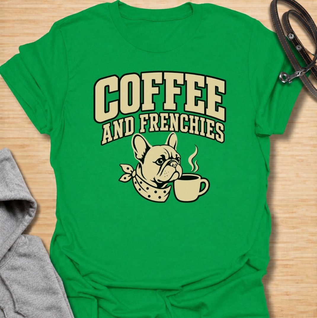 A fun French Bulldog T-shirt for anyone who runs on coffee and Frenchie companionship. Featuring the phrase “Coffee and Frenchies” with a cute French Bulldog and steaming mug, this design combines two everyday favorites in a bold retro-style graphic. Perfect for Frenchie moms, Frenchie dads, coffee lovers, and anyone who thinks mornings are better with a dog nearby. A playful everyday tee for fans of French Bulldog humor, caffeine, and breed-specific gifts.