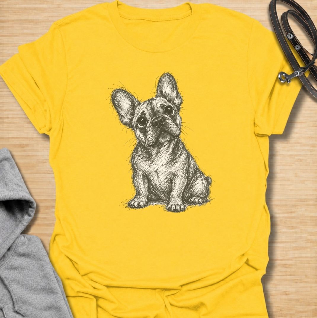 A French Bulldog T-shirt for anyone who loves the breed’s unmistakable face, oversized ears, and expressive eyes. Featuring a hand-drawn sketch-style Frenchie portrait, this design keeps things simple and lets the dog’s personality do all the work. Perfect for Frenchie moms, Frenchie dads, bulldog lovers, and anyone who prefers artwork over slogan-heavy designs. A versatile everyday tee for fans of French Bulldog art, breed-specific shirts, and thoughtful dog lover gifts.
