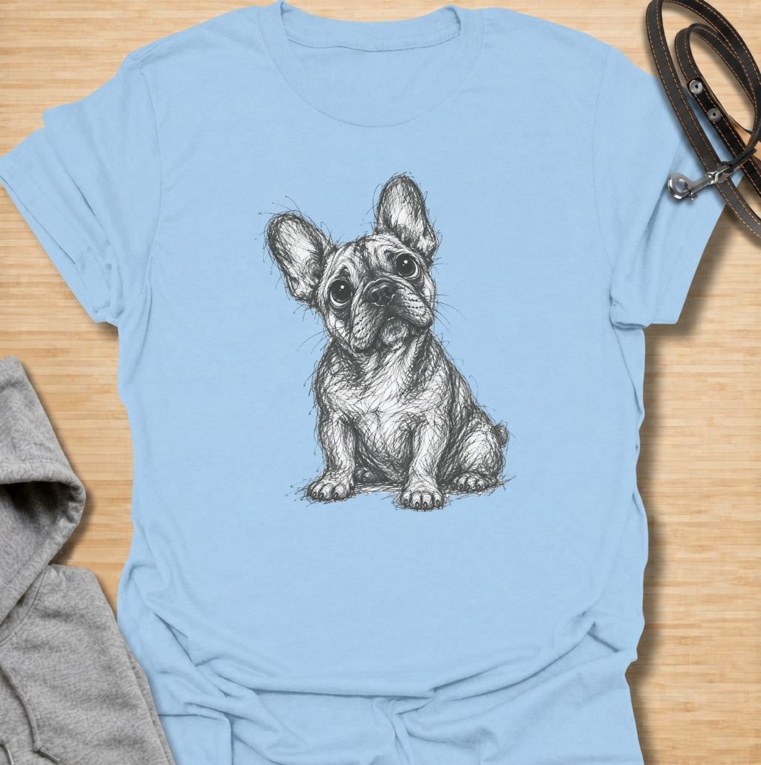 A French Bulldog T-shirt for anyone who loves the breed’s unmistakable face, oversized ears, and expressive eyes. Featuring a hand-drawn sketch-style Frenchie portrait, this design keeps things simple and lets the dog’s personality do all the work. Perfect for Frenchie moms, Frenchie dads, bulldog lovers, and anyone who prefers artwork over slogan-heavy designs. A versatile everyday tee for fans of French Bulldog art, breed-specific shirts, and thoughtful dog lover gifts.