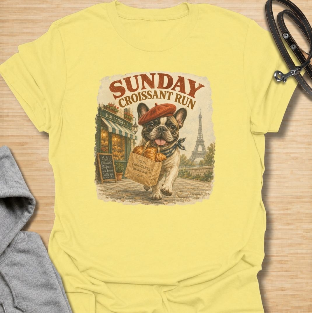 A fun French Bulldog T-shirt for anyone who loves Frenchies, coffee shop charm, and a little Paris-inspired humor. Featuring the phrase “Sunday Croissant Run” with a French Bulldog carrying a bakery bag, this design has a playful vintage travel-poster feel. Perfect for Frenchie moms, Frenchie dads, brunch lovers, bakery fans, and anyone who likes their dog shirts with a quirky lifestyle twist. A charming everyday tee for fans of French Bulldog art, French-inspired designs, and breed-specific gifts.