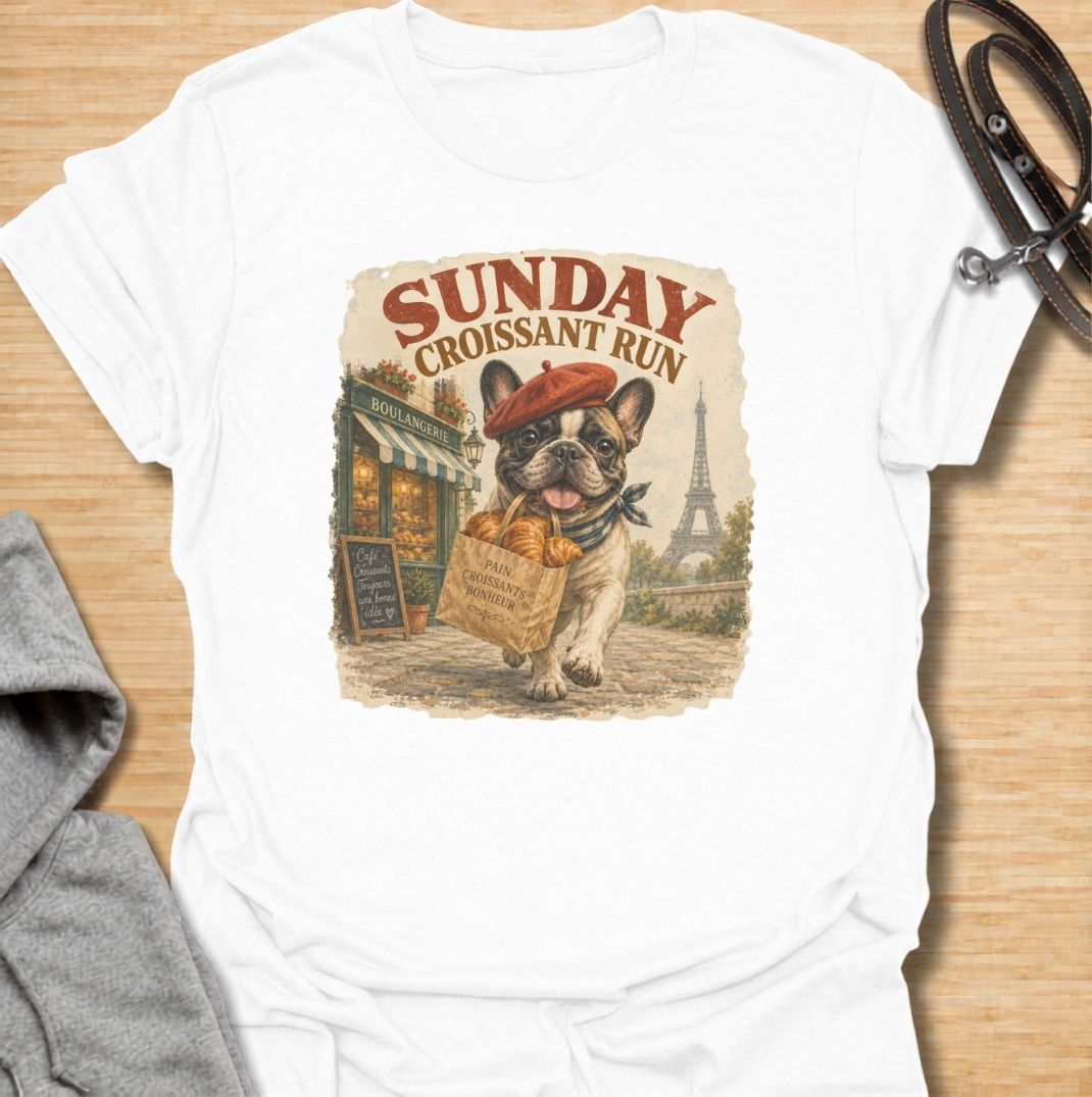 A fun French Bulldog T-shirt for anyone who loves Frenchies, coffee shop charm, and a little Paris-inspired humor. Featuring the phrase “Sunday Croissant Run” with a French Bulldog carrying a bakery bag, this design has a playful vintage travel-poster feel. Perfect for Frenchie moms, Frenchie dads, brunch lovers, bakery fans, and anyone who likes their dog shirts with a quirky lifestyle twist. A charming everyday tee for fans of French Bulldog art, French-inspired designs, and breed-specific gifts.