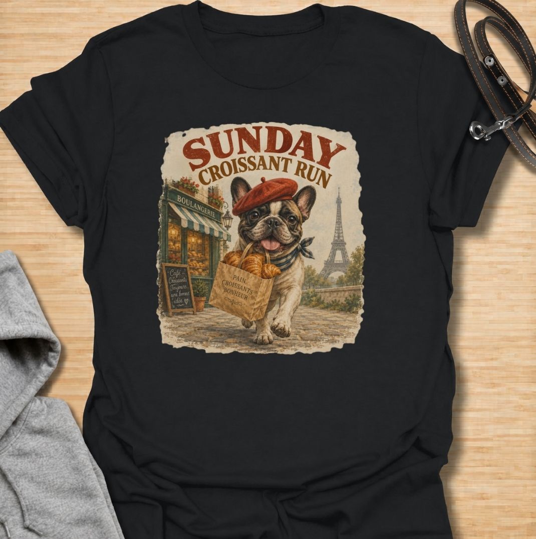 A fun French Bulldog T-shirt for anyone who loves Frenchies, coffee shop charm, and a little Paris-inspired humor. Featuring the phrase “Sunday Croissant Run” with a French Bulldog carrying a bakery bag, this design has a playful vintage travel-poster feel. Perfect for Frenchie moms, Frenchie dads, brunch lovers, bakery fans, and anyone who likes their dog shirts with a quirky lifestyle twist. A charming everyday tee for fans of French Bulldog art, French-inspired designs, and breed-specific gifts.