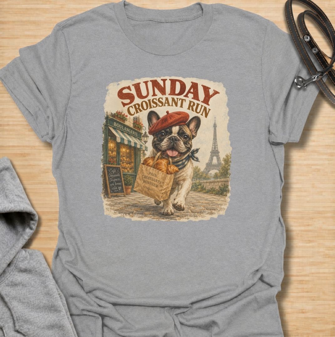 A fun French Bulldog T-shirt for anyone who loves Frenchies, coffee shop charm, and a little Paris-inspired humor. Featuring the phrase “Sunday Croissant Run” with a French Bulldog carrying a bakery bag, this design has a playful vintage travel-poster feel. Perfect for Frenchie moms, Frenchie dads, brunch lovers, bakery fans, and anyone who likes their dog shirts with a quirky lifestyle twist. A charming everyday tee for fans of French Bulldog art, French-inspired designs, and breed-specific gifts.